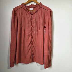 EUC WONDERLY ROSE PINK VICTORIAN STYLE LONGSLEEVES COTTON BUTTONED TOP SIZE L